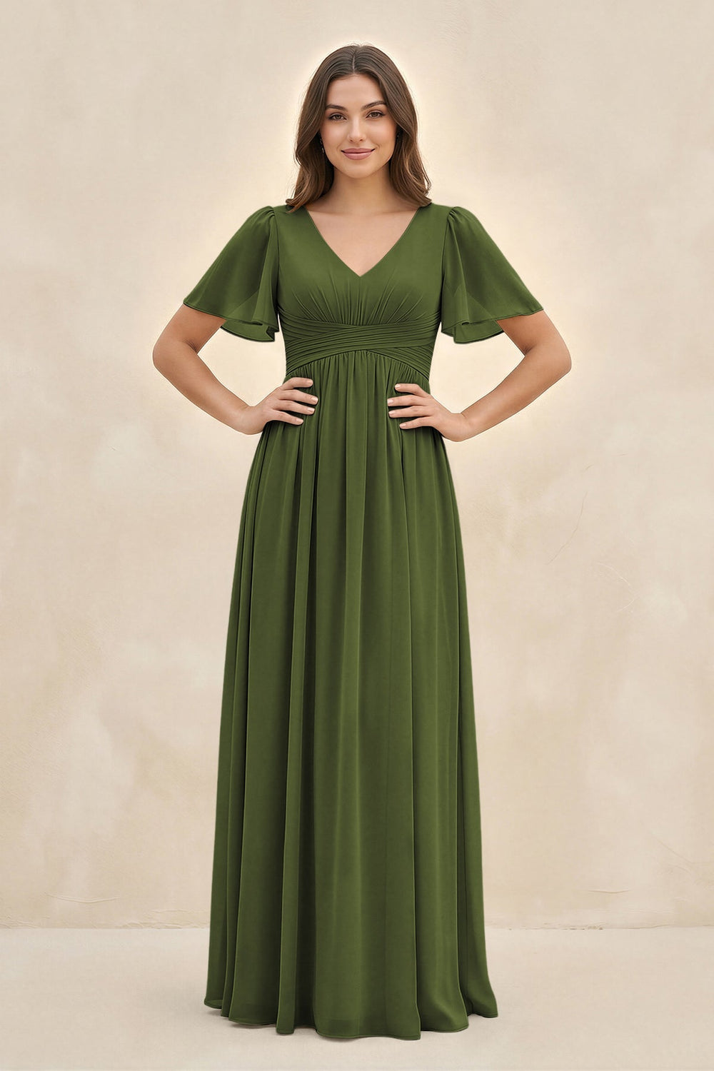 Short Sleeve Chiffon V - Neck A - Line Bridesmaid Dress in Olive - KissProm Bridesmaid Dresses
