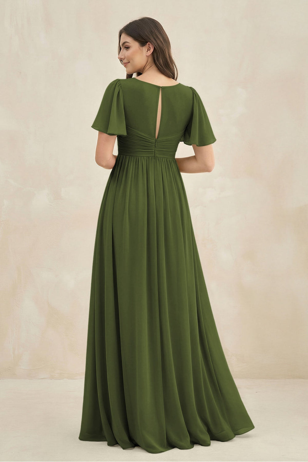 Short Sleeve Chiffon V - Neck A - Line Bridesmaid Dress in Olive - KissProm Bridesmaid Dresses