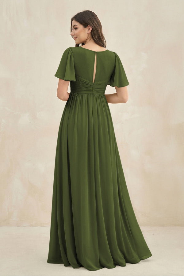 Short Sleeve Chiffon V - Neck A - Line Bridesmaid Dress in Olive - KissProm Bridesmaid Dresses