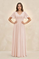 Short Sleeve Chiffon V - Neck A - Line Bridesmaid Dress in Pale Blush - KissProm Bridesmaid Dresses
