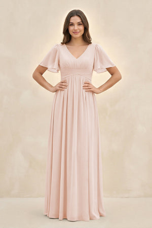 Short Sleeve Chiffon V - Neck A - Line Bridesmaid Dress in Pale Blush - KissProm Bridesmaid Dresses