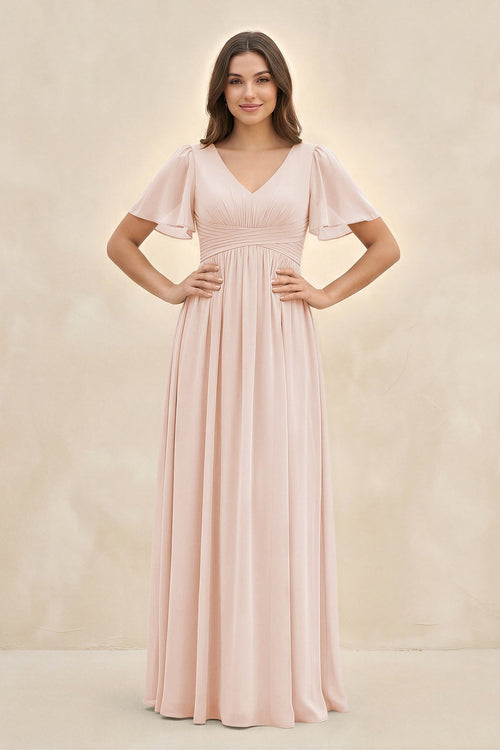Short Sleeve Chiffon V - Neck A - Line Bridesmaid Dress in Pale Blush - KissProm Bridesmaid Dresses