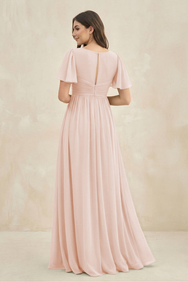 Short Sleeve Chiffon V - Neck A - Line Bridesmaid Dress in Pale Blush - KissProm Bridesmaid Dresses