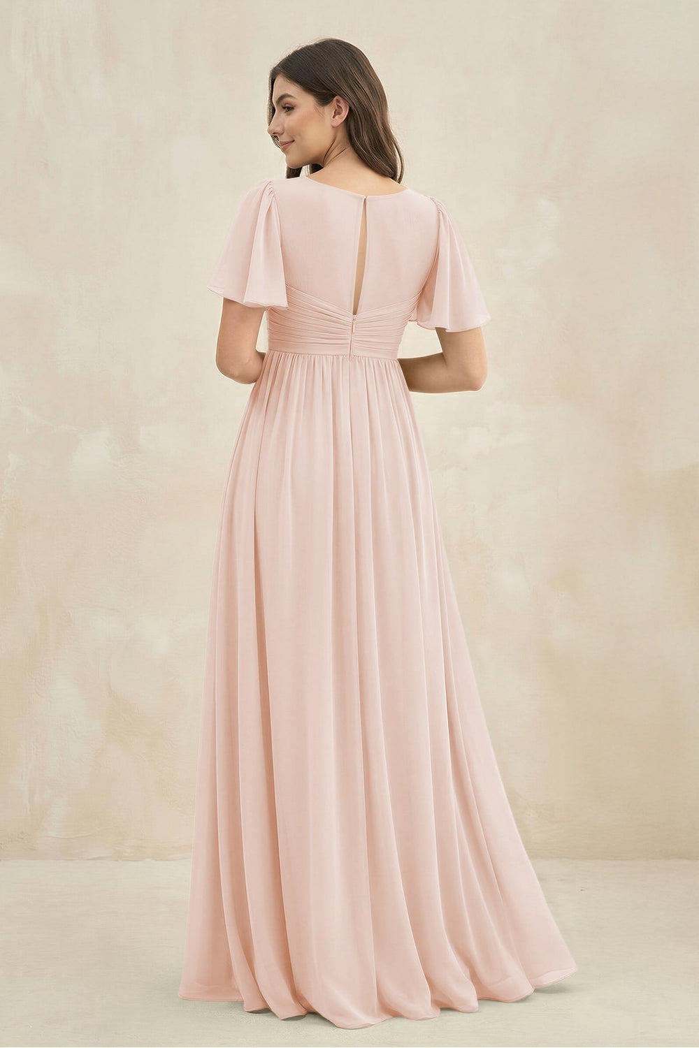 Short Sleeve Chiffon V - Neck A - Line Bridesmaid Dress in Pale Blush - KissProm Bridesmaid Dresses