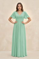 Short Sleeve Chiffon V-Neck A-Line Bridesmaid Dress in Pale Pistachio - KissProm BRIDESMAID DRESSES