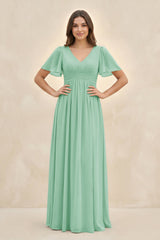 Short Sleeve Chiffon V-Neck A-Line Bridesmaid Dress in Pale Pistachio - KissProm BRIDESMAID DRESSES