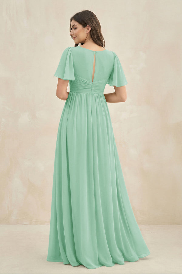 Short Sleeve Chiffon V-Neck A-Line Bridesmaid Dress in Pale Pistachio - KissProm BRIDESMAID DRESSES