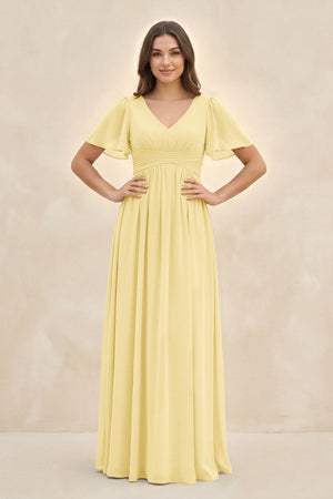Short Sleeve Chiffon V - Neck A - Line Bridesmaid Dress in Pastel Yellow - KissProm Bridesmaid Dresses