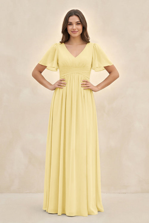 Short Sleeve Chiffon V - Neck A - Line Bridesmaid Dress in Pastel Yellow - KissProm Bridesmaid Dresses