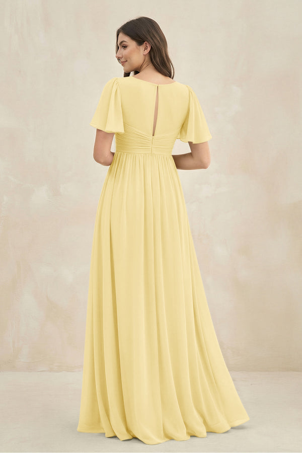 Short Sleeve Chiffon V - Neck A - Line Bridesmaid Dress in Pastel Yellow - KissProm Bridesmaid Dresses