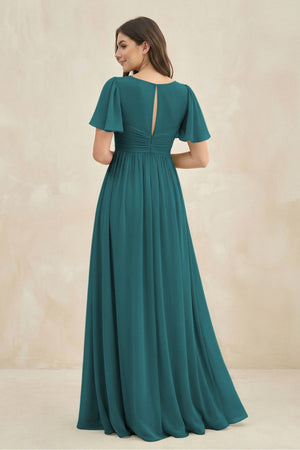 Short Sleeve Chiffon V - Neck A - Line Bridesmaid Dress in Pine - KissProm Bridesmaid Dresses