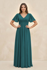 Short Sleeve Chiffon V - Neck A - Line Bridesmaid Dress in Pine - KissProm Bridesmaid Dresses