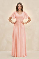 Short Sleeve Chiffon V - Neck A - Line Bridesmaid Dress in Rose Petal - KissProm Bridesmaid Dresses