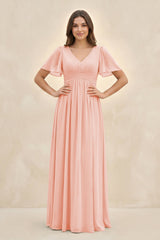 Short Sleeve Chiffon V - Neck A - Line Bridesmaid Dress in Rose Petal - KissProm Bridesmaid Dresses