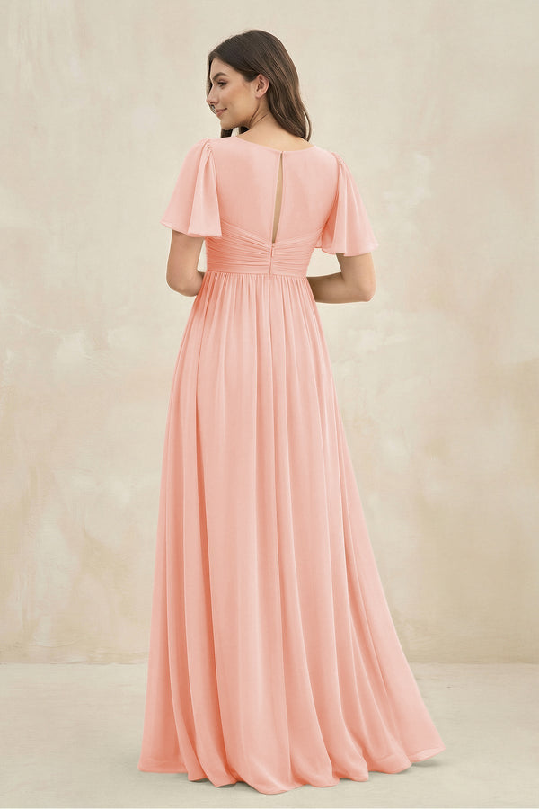Short Sleeve Chiffon V - Neck A - Line Bridesmaid Dress in Rose Petal - KissProm Bridesmaid Dresses
