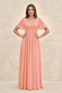 Short Sleeve Chiffon V - Neck A - Line Bridesmaid Dress in Rosette - KissProm Bridesmaid Dresses