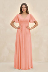Short Sleeve Chiffon V - Neck A - Line Bridesmaid Dress in Rosette - KissProm Bridesmaid Dresses