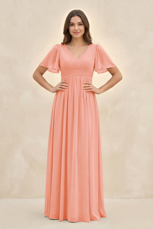 Short Sleeve Chiffon V - Neck A - Line Bridesmaid Dress in Rosette - KissProm Bridesmaid Dresses