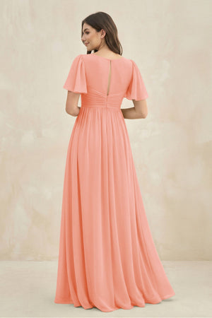 Short Sleeve Chiffon V - Neck A - Line Bridesmaid Dress in Rosette - KissProm Bridesmaid Dresses