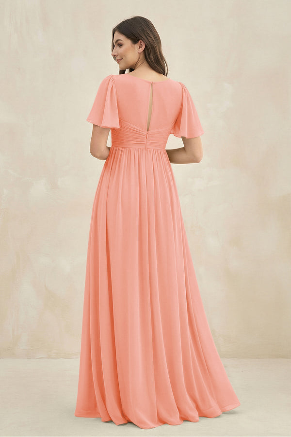 Short Sleeve Chiffon V - Neck A - Line Bridesmaid Dress in Rosette - KissProm Bridesmaid Dresses