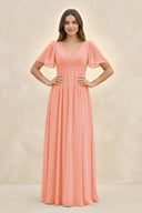 Short Sleeve Chiffon V - Neck A - Line Bridesmaid Dress in Rosette - KissProm Bridesmaid Dresses