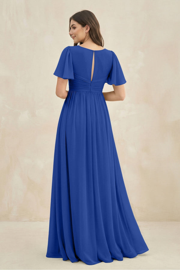 Short Sleeve Chiffon V - Neck A - Line Bridesmaid Dress in Royal Blue - KissProm Bridesmaid Dresses