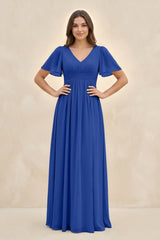 Short Sleeve Chiffon V - Neck A - Line Bridesmaid Dress in Royal Blue - KissProm Bridesmaid Dresses