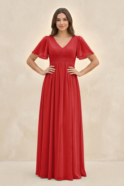Short Sleeve Chiffon V-Neck A-Line Bridesmaid Dress in Ruby Red
