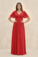 Short Sleeve Chiffon V - Neck A - Line Bridesmaid Dress in Ruby Red - KissProm Bridesmaid Dresses