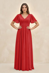 Short Sleeve Chiffon V - Neck A - Line Bridesmaid Dress in Ruby Red - KissProm Bridesmaid Dresses