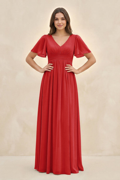 Short Sleeve Chiffon V - Neck A - Line Bridesmaid Dress in Ruby Red - KissProm Bridesmaid Dresses