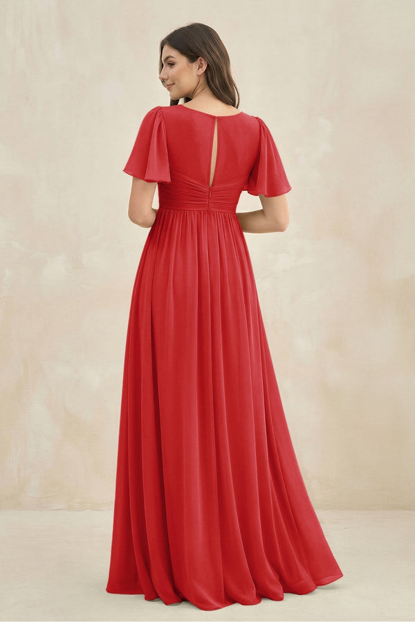 Short Sleeve Chiffon V - Neck A - Line Bridesmaid Dress in Ruby Red - KissProm Bridesmaid Dresses