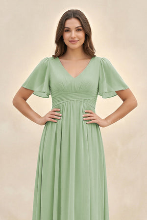 Short Sleeve Chiffon V - Neck A - Line Bridesmaid Dress in Sage - KissProm Bridesmaid Dresses