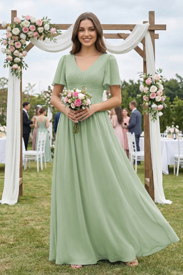 Short Sleeve Chiffon V-Neck A-Line Bridesmaid Dress in Sage