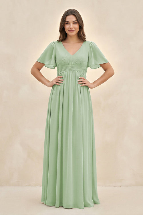 Short Sleeve Chiffon V-Neck A-Line Bridesmaid Dress in Sage Short Sleeve Chiffon V-Neck A-Line Bridesmaid Dress in Sage