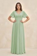 Short Sleeve Chiffon V - Neck A - Line Bridesmaid Dress in Sage - KissProm Bridesmaid Dresses