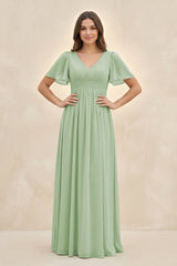 Short Sleeve Chiffon V - Neck A - Line Bridesmaid Dress in Sage - KissProm Bridesmaid Dresses