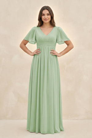 Short Sleeve Chiffon V - Neck A - Line Bridesmaid Dress in Sage - KissProm Bridesmaid Dresses