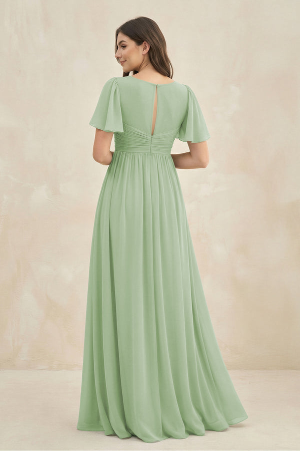 Short Sleeve Chiffon V-Neck A-Line Bridesmaid Dress in Sage