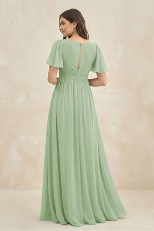 Short Sleeve Chiffon V - Neck A - Line Bridesmaid Dress in Sage - KissProm Bridesmaid Dresses