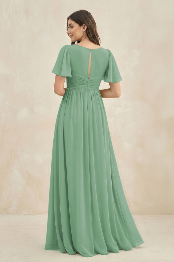 Short Sleeve Chiffon V - Neck A - Line Bridesmaid Dress in Sea Glass - KissProm Bridesmaid Dresses