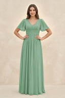 Short Sleeve Chiffon V - Neck A - Line Bridesmaid Dress in Sea Glass - KissProm Bridesmaid Dresses