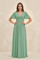 Short Sleeve Chiffon V - Neck A - Line Bridesmaid Dress in Sea Glass - KissProm Bridesmaid Dresses