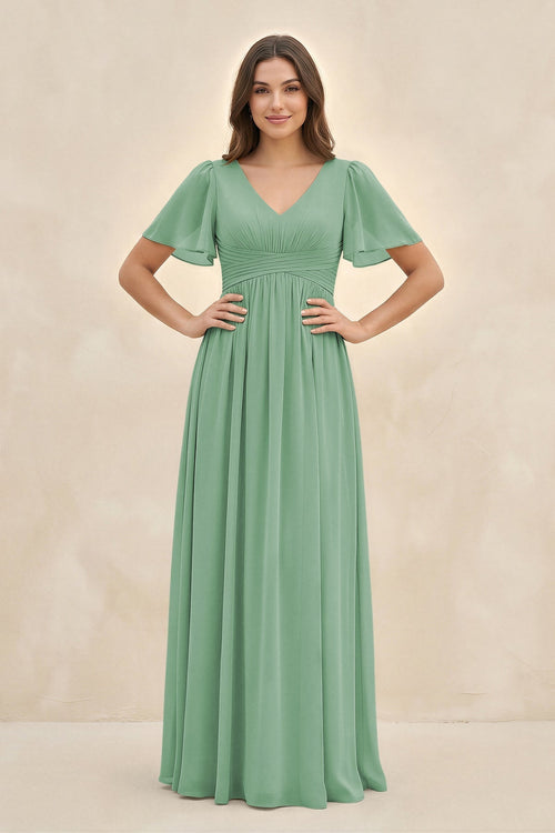 Short Sleeve Chiffon V - Neck A - Line Bridesmaid Dress in Sea Glass - KissProm Bridesmaid Dresses