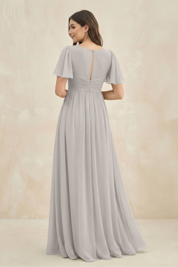 Short Sleeve Chiffon V - Neck A - Line Bridesmaid Dress in Silver - KissProm Bridesmaid Dresses