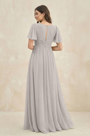 Short Sleeve Chiffon V - Neck A - Line Bridesmaid Dress in Silver - KissProm Bridesmaid Dresses