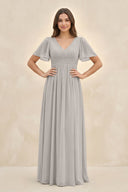 Short Sleeve Chiffon V - Neck A - Line Bridesmaid Dress in Silver - KissProm Bridesmaid Dresses