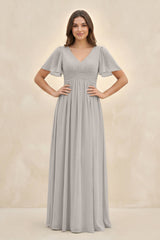 Short Sleeve Chiffon V - Neck A - Line Bridesmaid Dress in Silver - KissProm Bridesmaid Dresses
