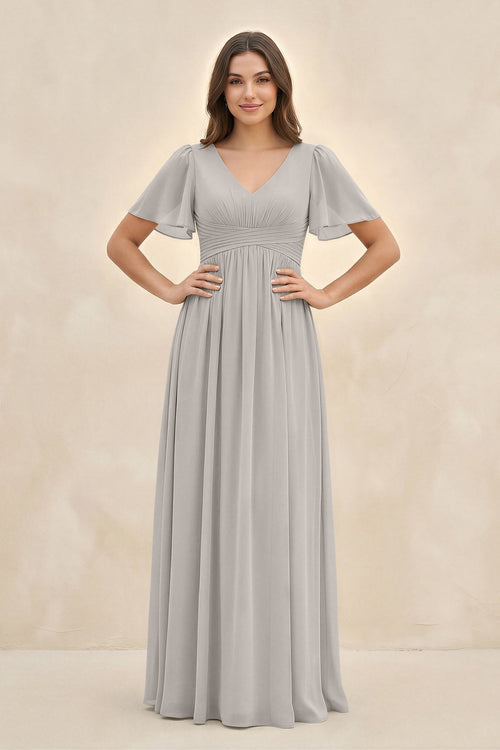 Short Sleeve Chiffon V - Neck A - Line Bridesmaid Dress in Silver - KissProm Bridesmaid Dresses