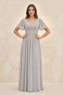 Short Sleeve Chiffon V - Neck A - Line Bridesmaid Dress in Silver - KissProm Bridesmaid Dresses
